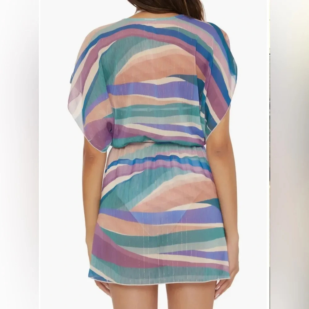 NWT!! Becca sound waves metallic stripe sheer cover-up dress XS/S - Picture 3 of 8